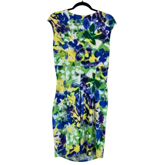Ralph Lauren Dress Floral Watercolor Green Blue Yellow Ruching Stretch Sz 10 - Picture 2 of 9
